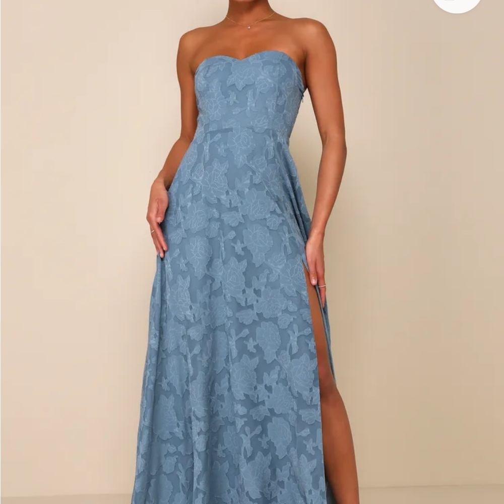 Lulus Garden of Romance Dusty Blue Floral Strapless Maxi Dress